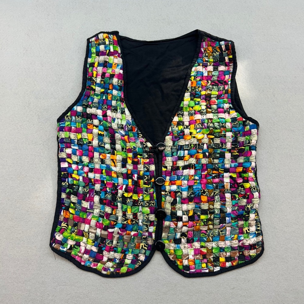 Vintage Multi Color Woven Patchwork Vest Boho Artisan Sleeveless Button Front